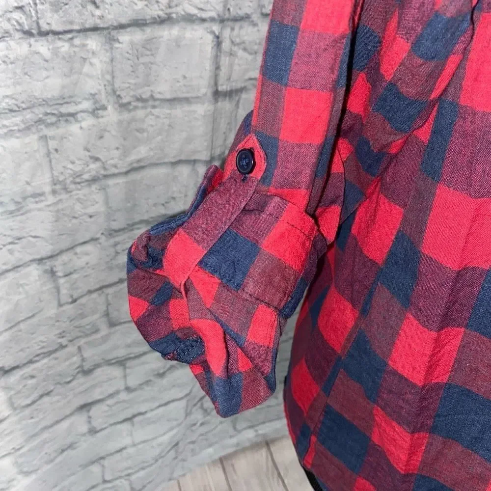 Passport 100% cotton plaid button down Longsleeve top red/navy blue sz Med women